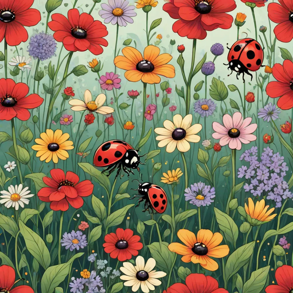 a painting of a lady bug in a field of flowers and daisies with a lady bug on the flower, pop surrealism, a storybook illustration, Annabel Kidston, flowers