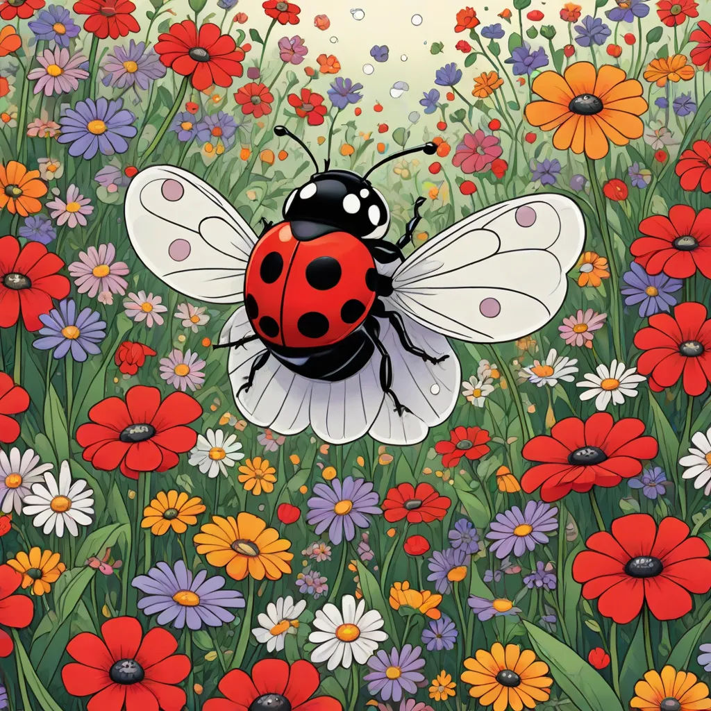 a lady bug sitting on top of a field of flowers and daisies with a sky background behind it, psychedelic art, a storybook illustration, Chiho Aoshima, official art