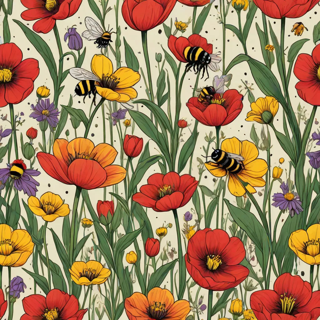 a bunch of flowers that are on a wallpaper with bees and flowers on it, and a bee flying over them, psychedelic art, a storybook illustration, Annabel Kidston, flowers