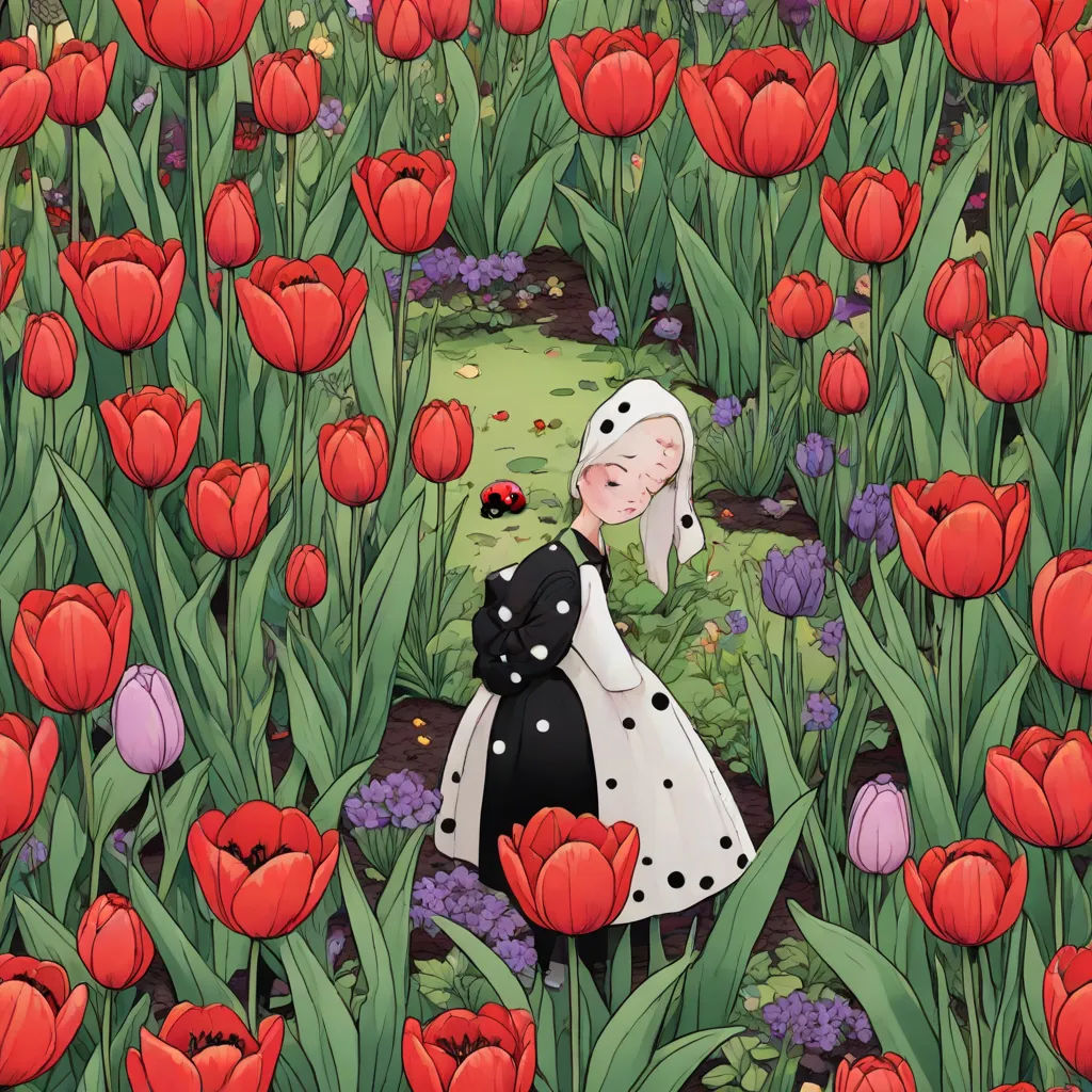 a painting of a woman in a field of flowers with a polka dot dress and polka dots on her head, fantasy art, a storybook illustration, Cecile Walton, storybook illustration