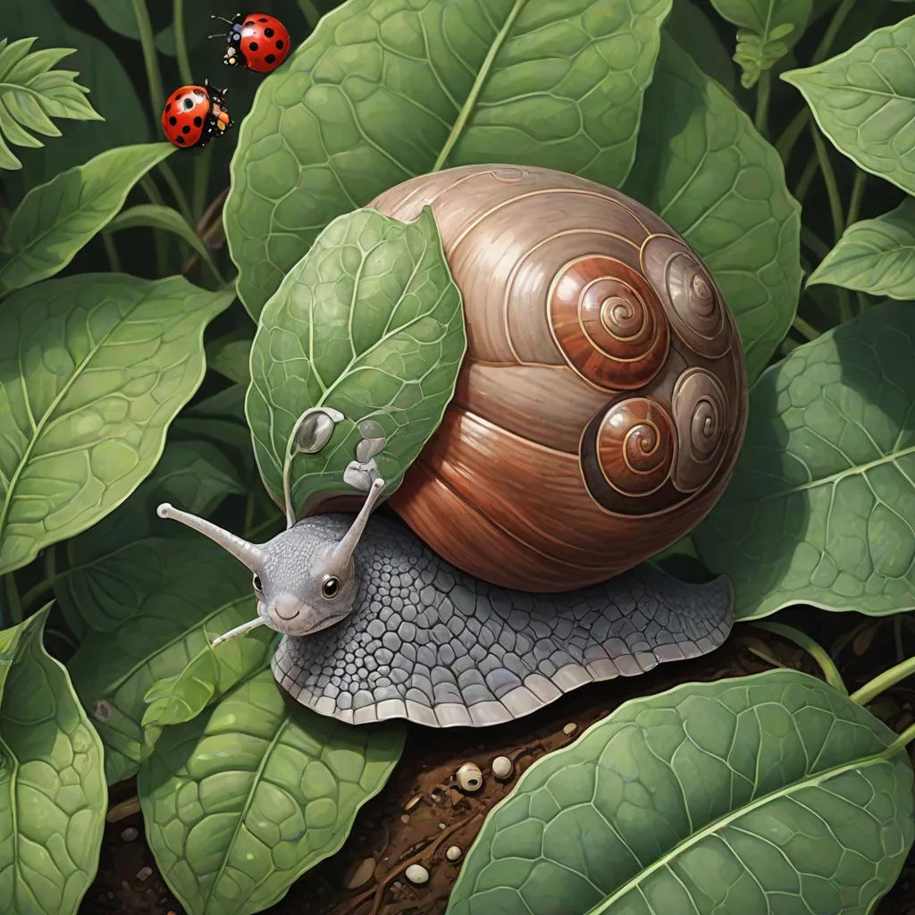 a snail is crawling on a green leafy plant with ladybugs in the background and a ladybug on the ground, fantastic realism, a detailed painting, Chris LaBrooy, highly detailed digital painting