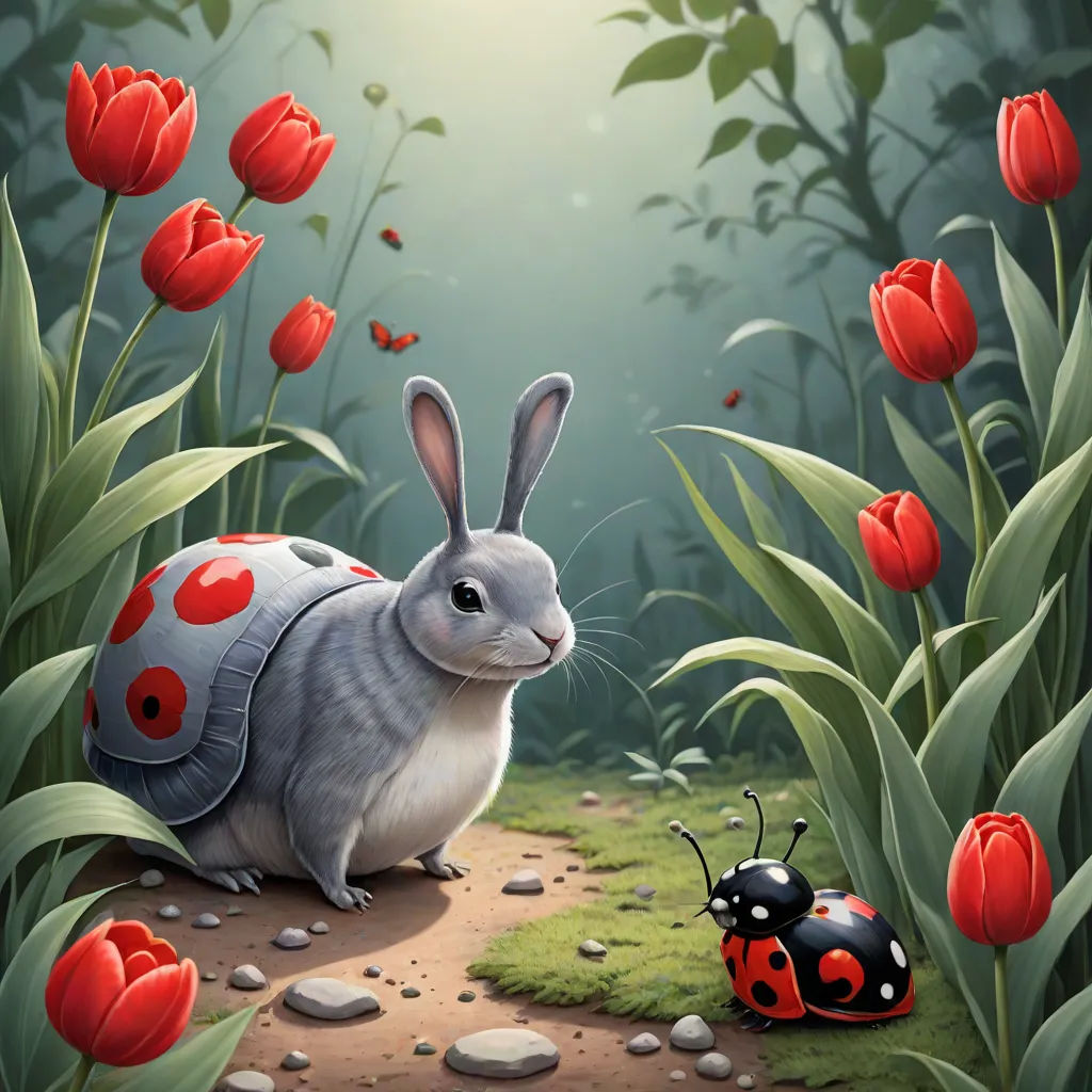 a rabbit with a ladybug on its back sitting in a field of flowers and grass with a ladybug on the ground, fantasy art, a detailed painting, Chris LaBrooy, highly detailed digital painting