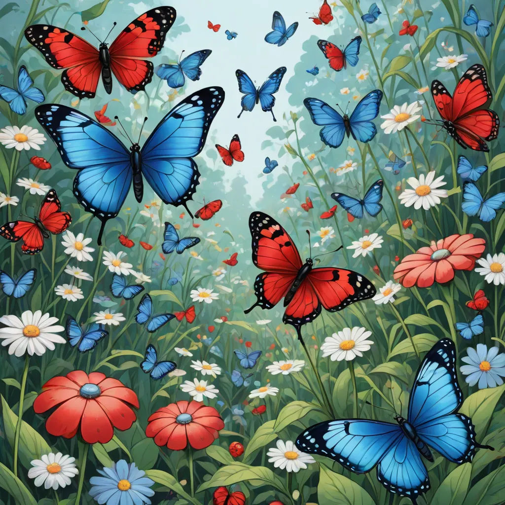 a painting of a field with many butterflies flying over it and daisies and daisies in the foreground, magic realism, a storybook illustration, Annabel Kidston, whimsical