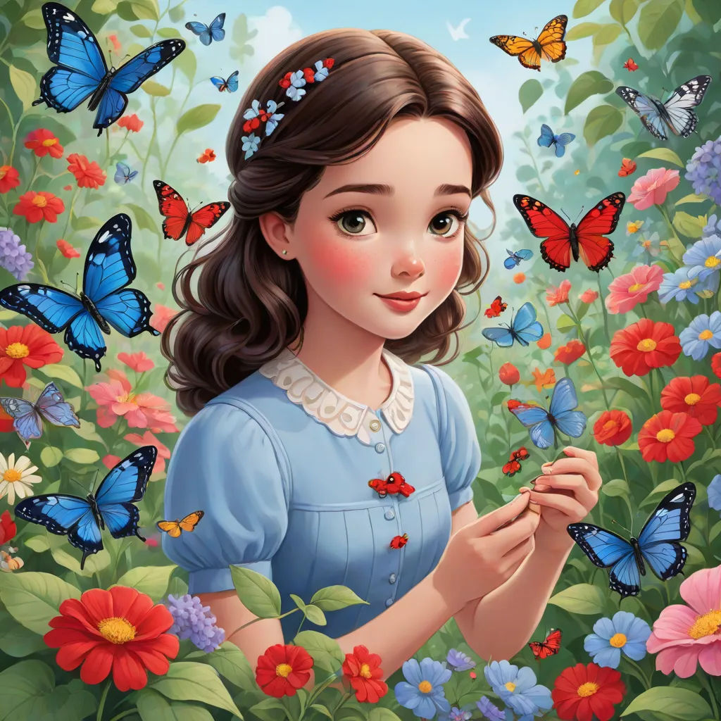 a girl in a blue dress surrounded by butterflies and flowers with a butterfly in her hand and a blue sky in the background, magical realism, a storybook illustration, Alice Prin, kinkade