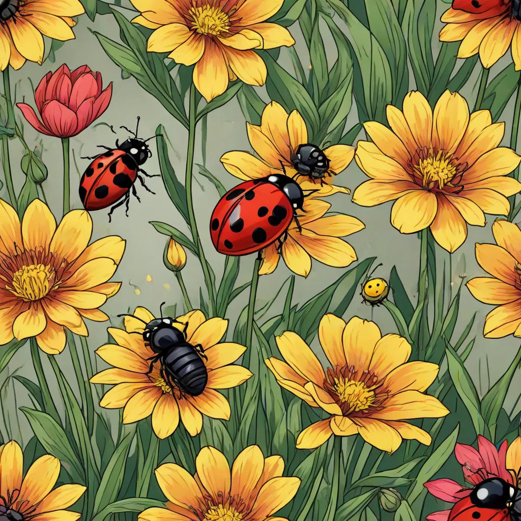 a bunch of ladybugs are in a field of flowers and daisies, with a ladybug on the top of the flowers, psychedelic art, a storybook illustration, Chris LaBrooy, detailed illustration