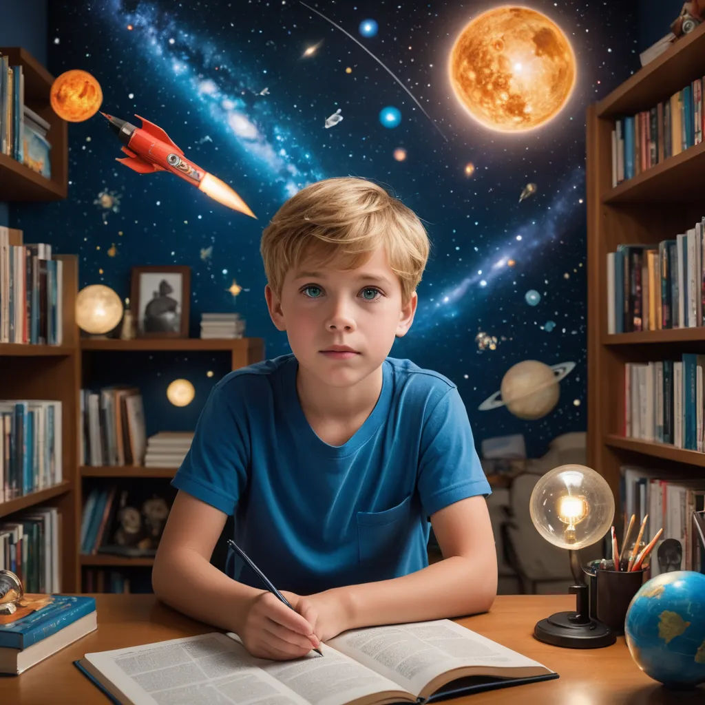 a boy is sitting at a desk with a book and a pen in front of him and a space scene behind him, space art, a storybook illustration, Chris LaBrooy, highly detailed digital painting