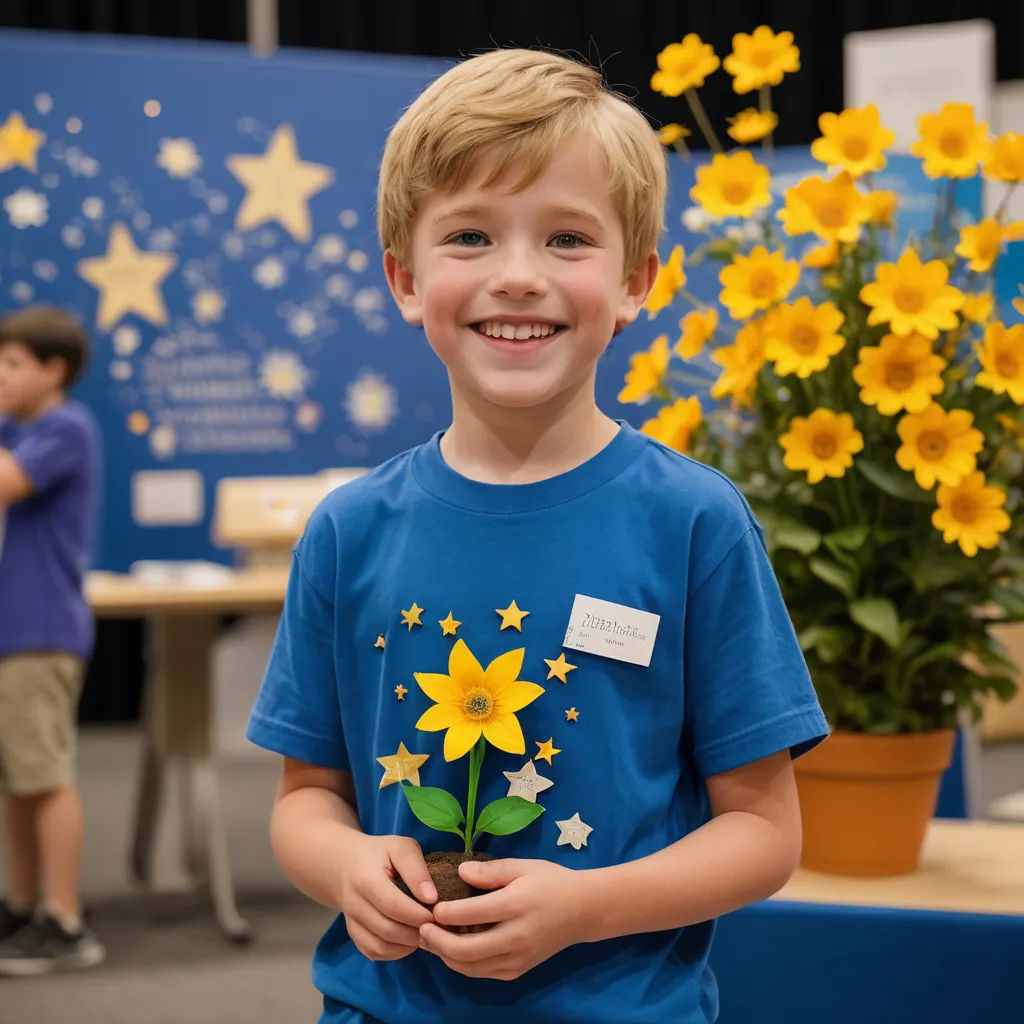 a young boy holding a flower in front of a table with yellow flowers in it and a blue wall behind him, les automatistes, a stock photo, Adam Szentpétery, kai carpenter