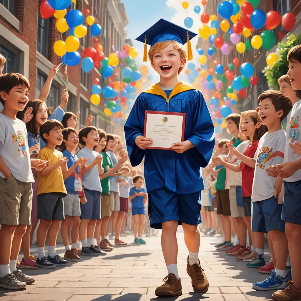 a boy in a graduation gown holding a diploma and surrounded by children in the street with balloons in the background, american realism, a detailed matte painting, Edward George Handel Lucas, promotional image