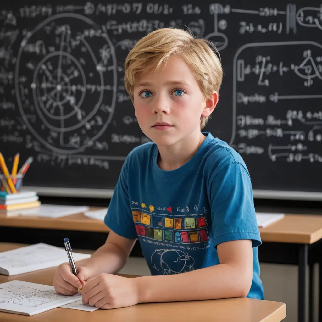 a young boy sitting at a desk with a pen and paper in front of him and a blackboard with a drawing of a circle, barbizon school, a stock photo, Ben Stahl, promotional image
