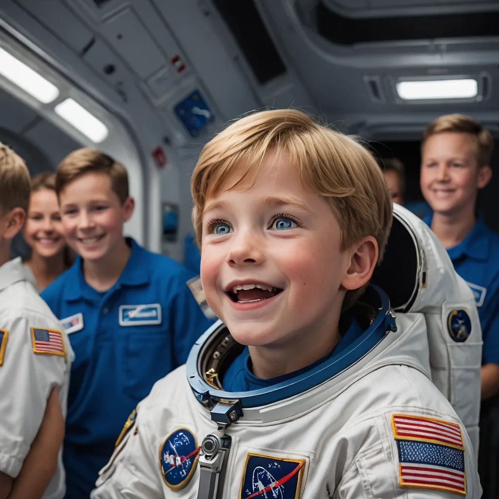 a group of young boys in space suits smiling for the camera in a space station hallway with other young boys, space art, a stock photo, Felix-Kelly, promotional image