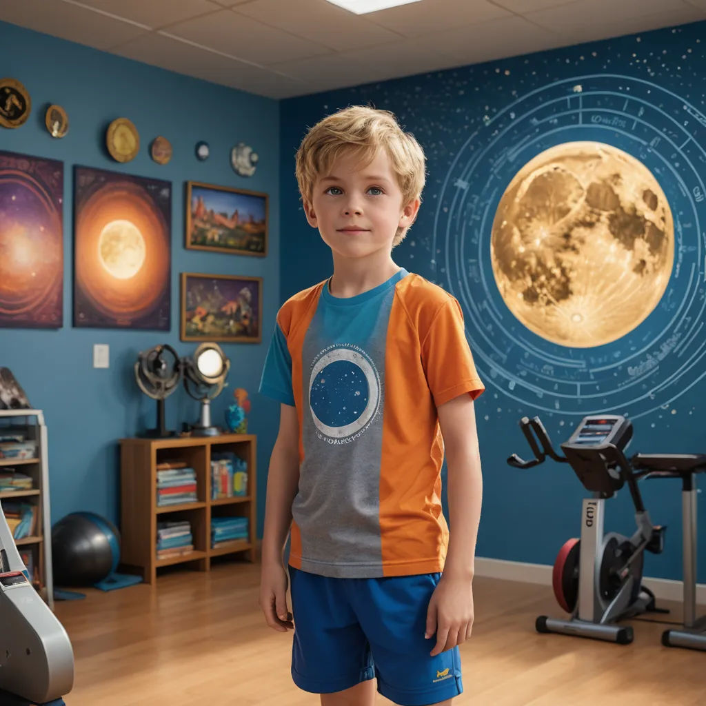 a young boy standing in a room with a wall mural of the moon and stars on the wall behind him, space art, a detailed matte painting, Chris LaBrooy, promotional image