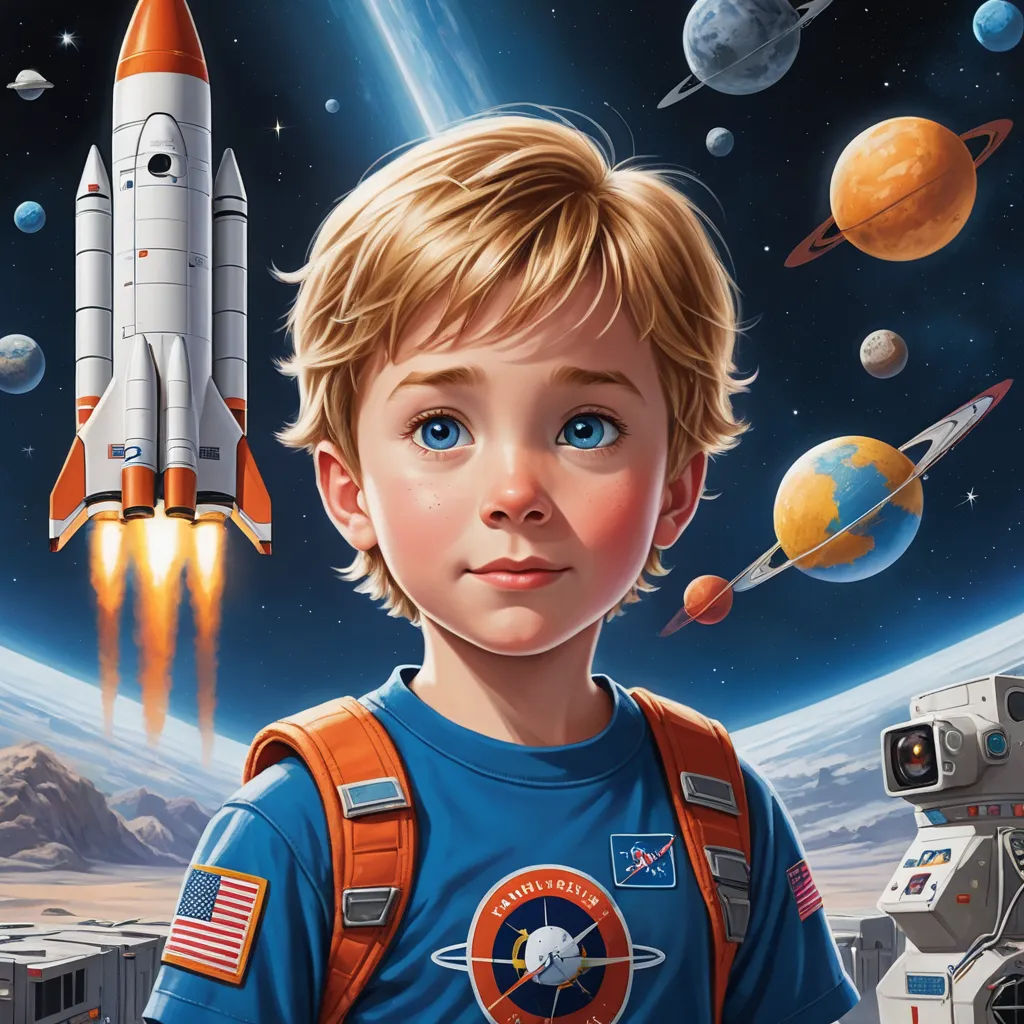 a painting of a boy in a space suit with a rocket and planets in the background, with a camera on his shoulder, space art, poster art, Aaron Jasinski, highly detailed digital painting