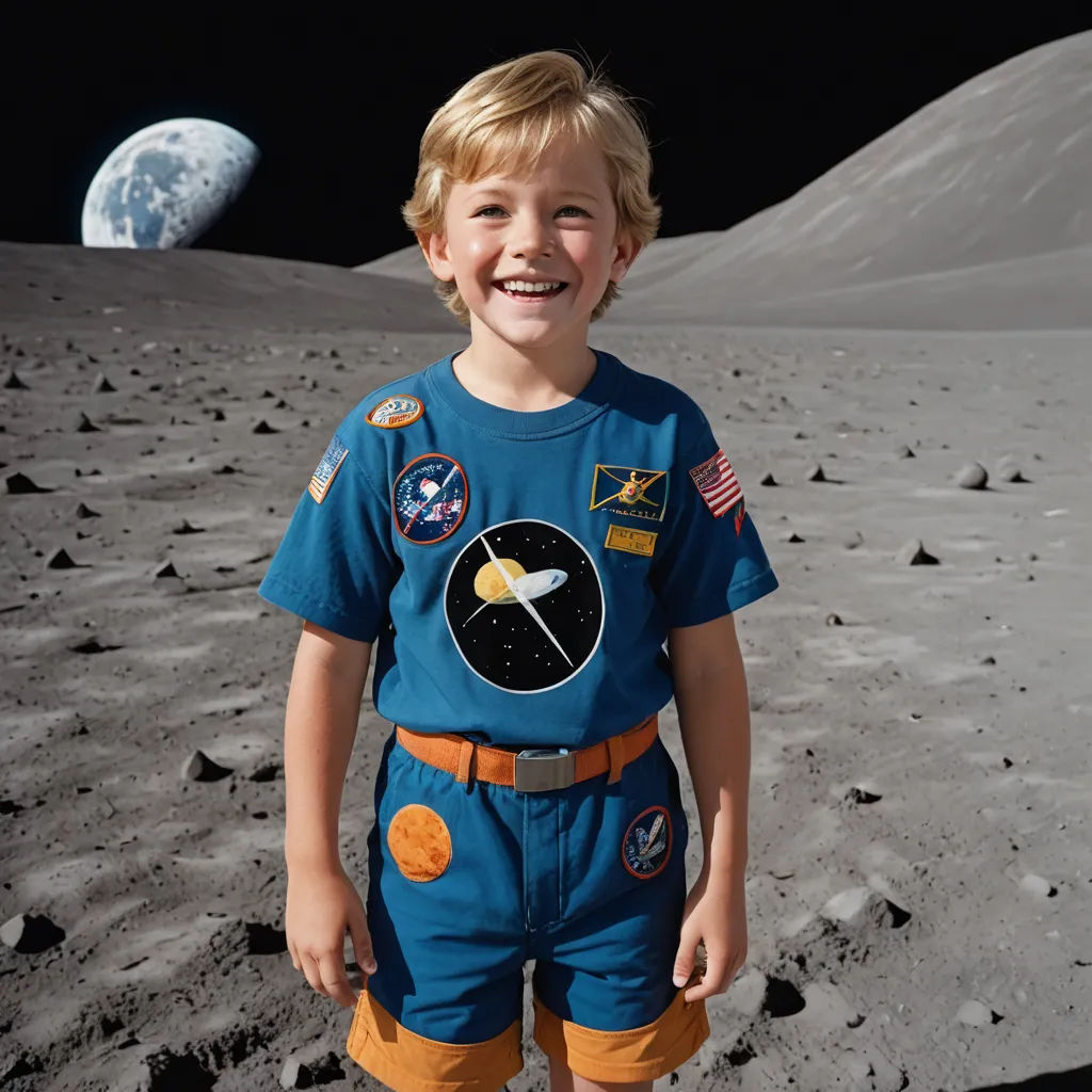 a young boy in a space suit standing on the moon's surface with a full moon in the background, retrofuturism, a detailed matte painting, Alan Bean, promotional image