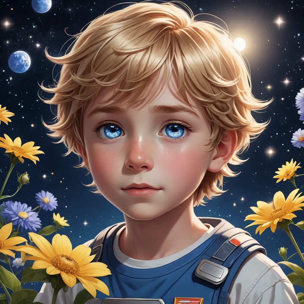 a painting of a boy with blue eyes and blonde hair standing in a field of flowers with a space background, space art, a detailed painting, Aaron Jasinski, stanley artgerm lau