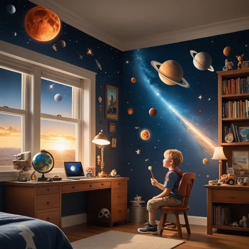 a child is sitting in a chair in a room with planets and a laptop on the desk and a window, space art, a detailed matte painting, Chris LaBrooy, highly detailed digital painting