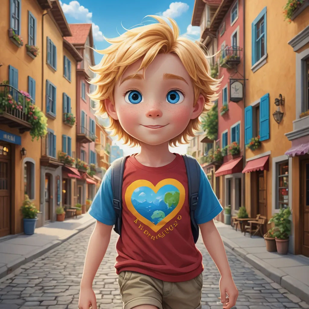 a boy with a heart on his shirt is walking down a street with a suitcase in his hand and a clock on the wall, photorealism, a character portrait, Chris LaBrooy, rossdraws global illumination