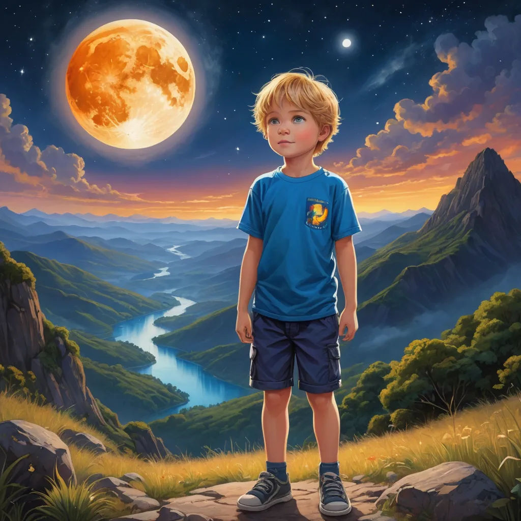 a painting of a boy standing on a hill looking at the moon and mountains in the background with a river running through it, fantasy art, a storybook illustration, Aaron Jasinski, highly detailed digital painting