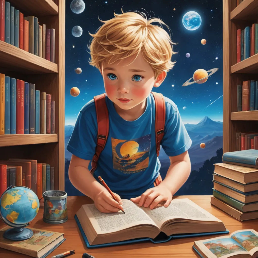 a boy is sitting at a table with a book and a pen in his hand and a book in his hand, space art, a storybook illustration, Chris LaBrooy, highly detailed digital painting