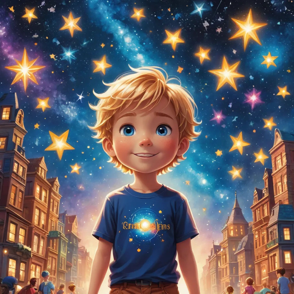 a boy standing in front of a city with stars on it's sky and a building with a clock tower, space art, a storybook illustration, Cliff Childs, official art