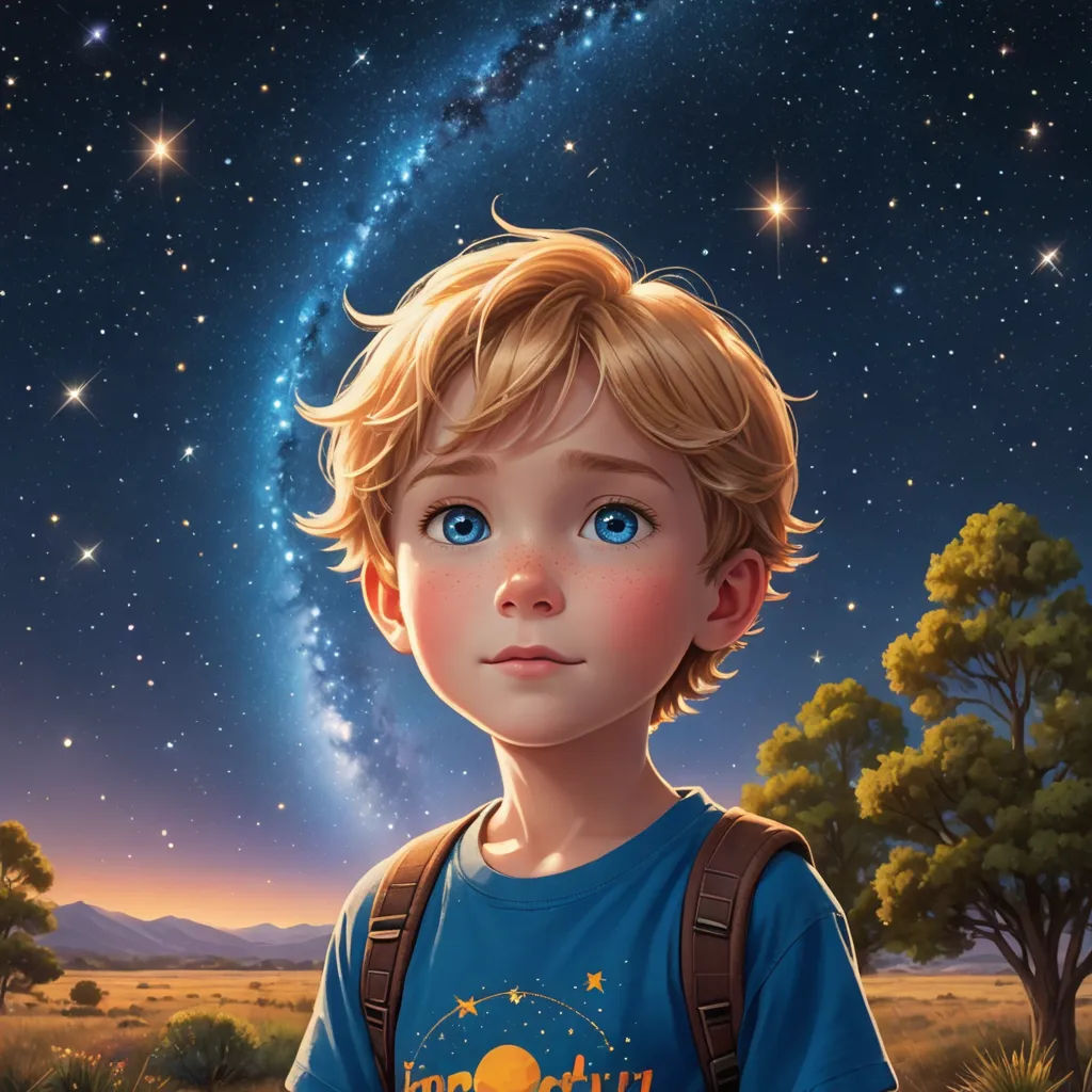 a painting of a boy with a backpack looking up at the stars in the sky above him and a tree, space art, a storybook illustration, Aaron Jasinski, highly detailed digital painting