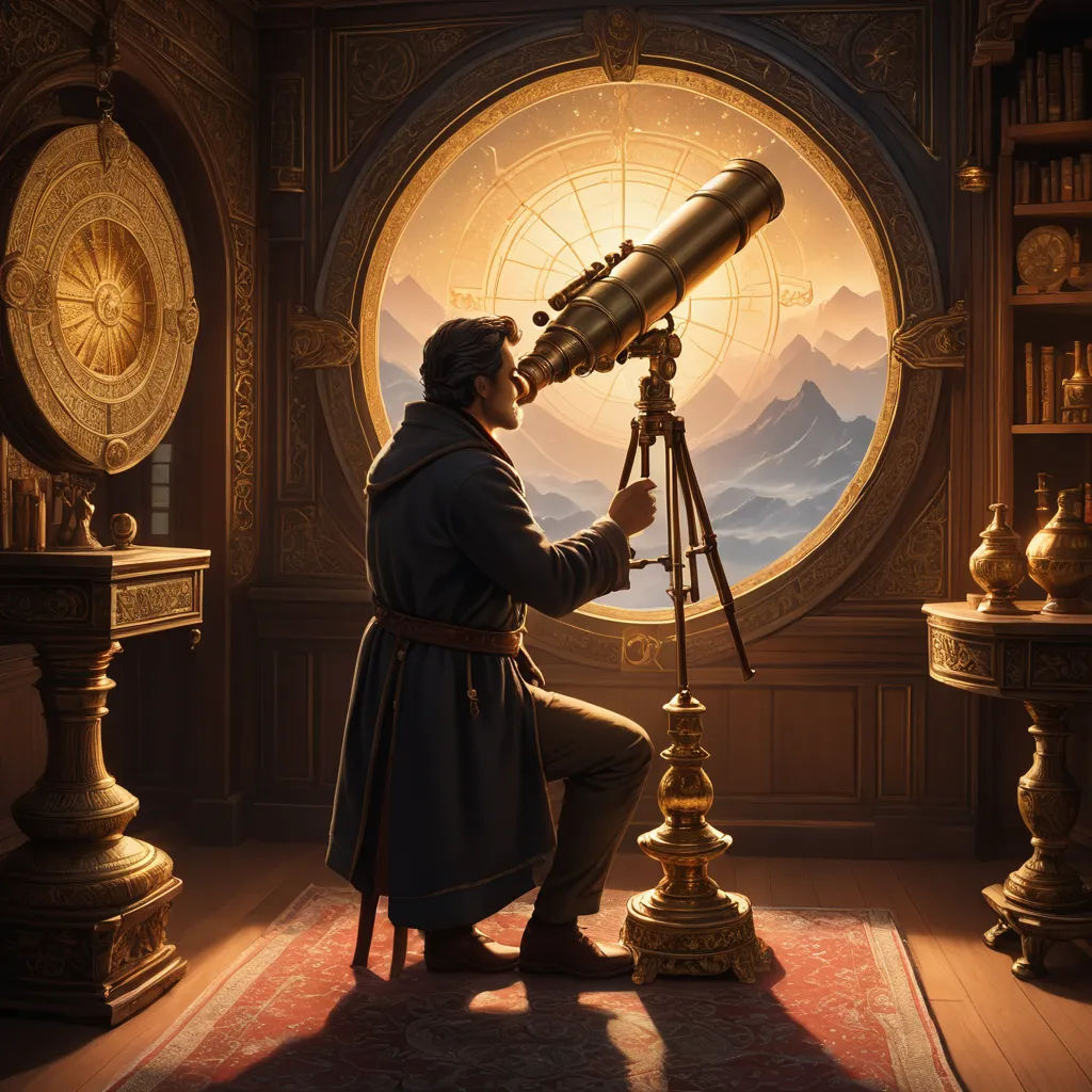 a man sitting in a chair looking through a telescope at a mountain landscape through a window with a telescope, fantasy art, a detailed painting, Chris LaBrooy, rossdraws global illumination