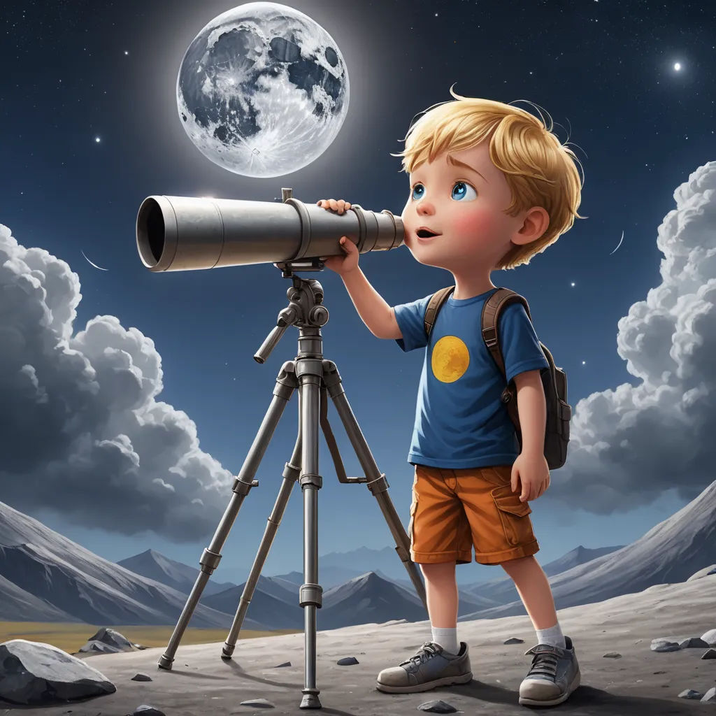 a boy looking through a telescope at the moon in the sky with a telescope in his hand and a telescope on a tripod, space art, a storybook illustration, Cliff Childs, highly detailed digital painting