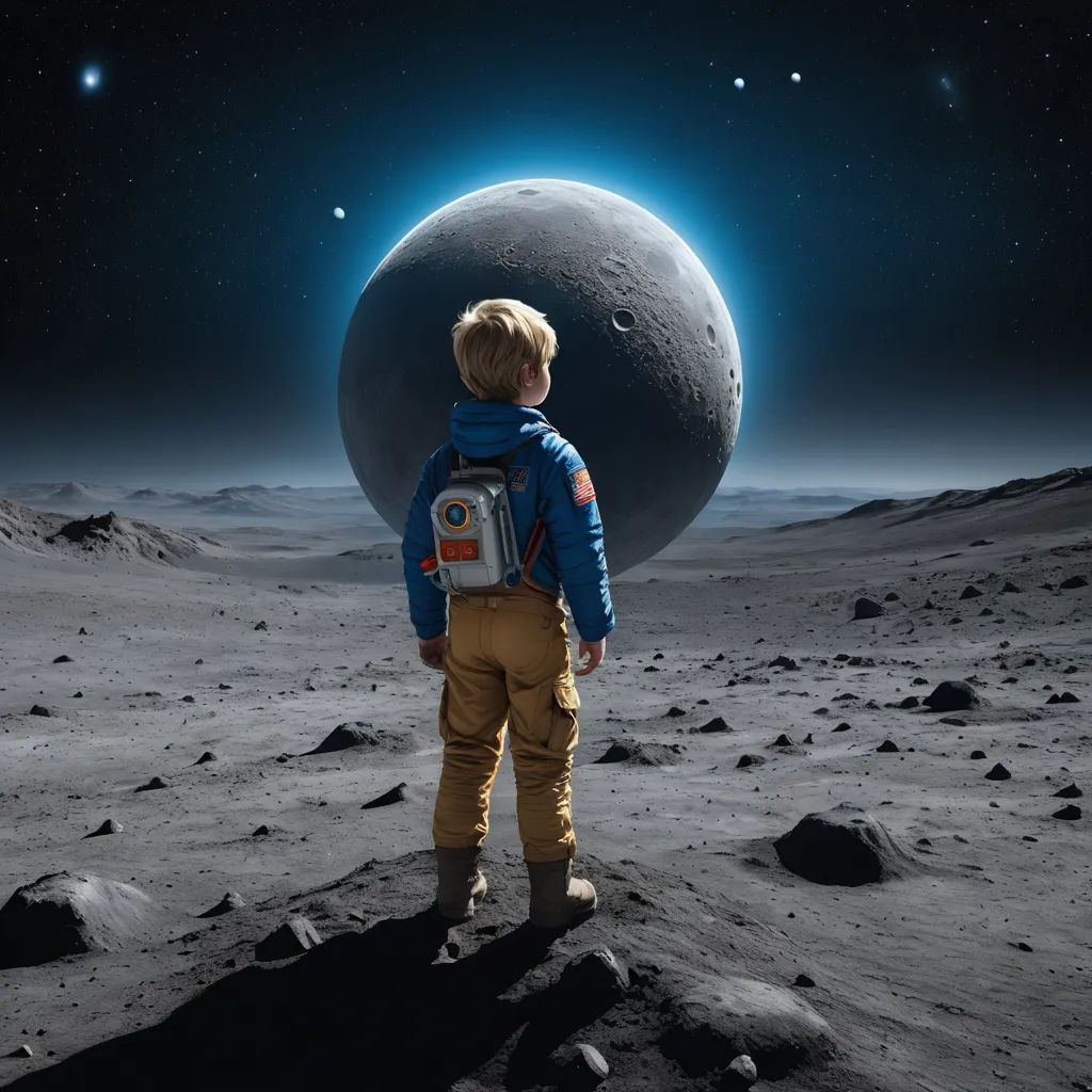 a young boy standing on top of a moon covered field next to a space object in the distance with a bright blue light, space art, a detailed matte painting, Filip Hodas, affinity photo