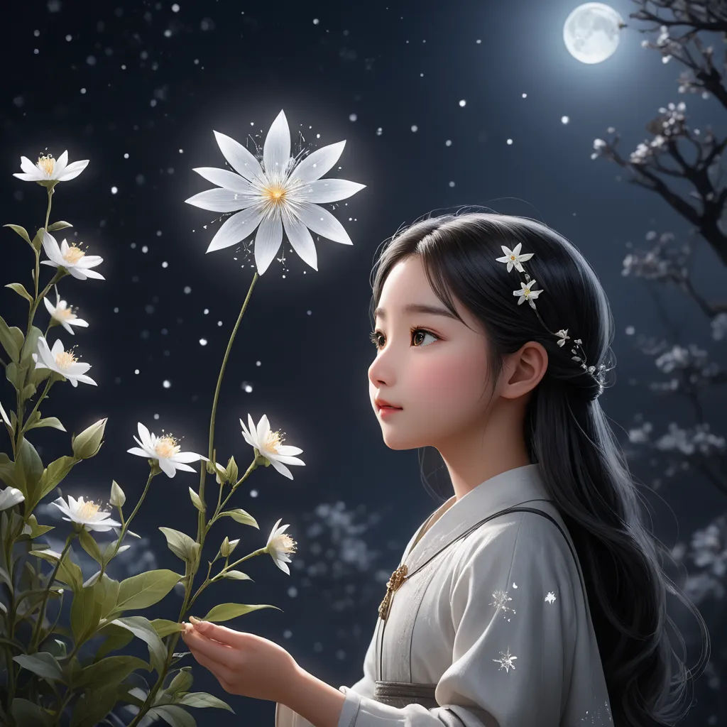 a girl holding a flower in her hand and looking at the sky with stars and moon in the background, fantasy art, a photorealistic painting, Bian Jingzhao, cgstudio
