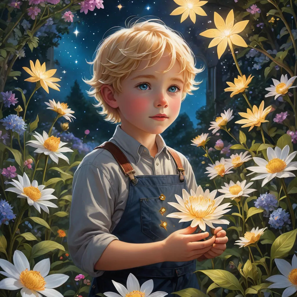 a painting of a boy holding a flower in a field of flowers with a moon in the background and stars in the sky, fantasy art, a detailed painting, Aaron Jasinski, highly detailed digital painting
