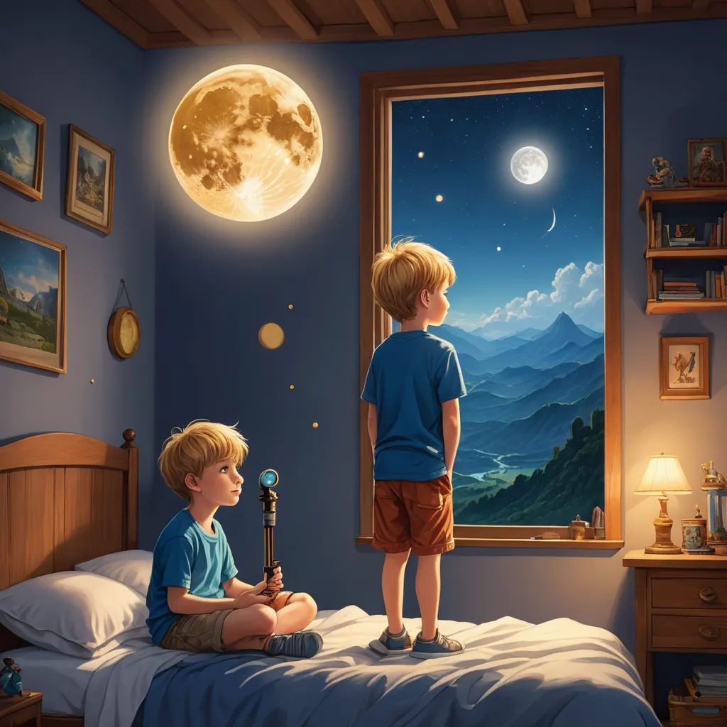 a boy and a boy sit on a bed looking out a window at the moon and stars in the sky, space art, a storybook illustration, Cyril Rolando, highly detailed digital painting