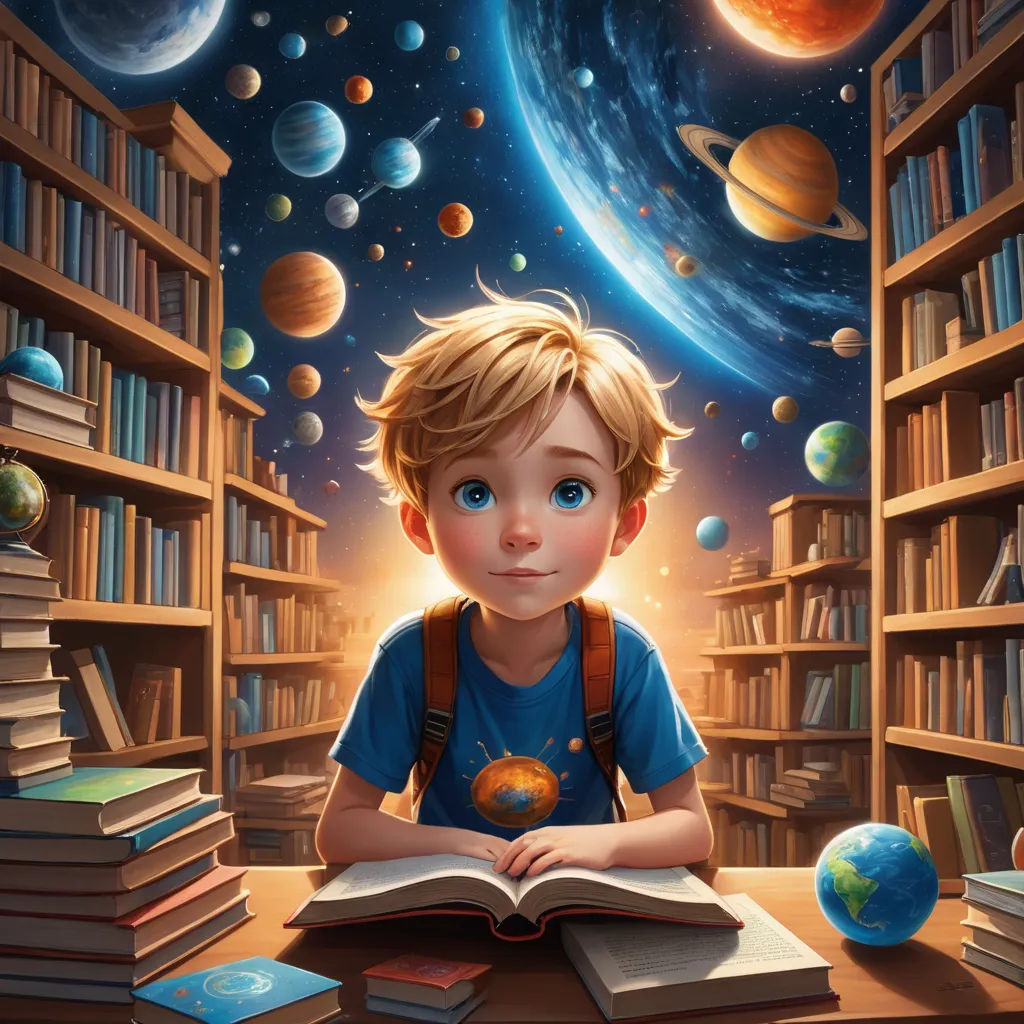 a boy is sitting at a table with a book in front of him and a space background with books, space art, a storybook illustration, Aaron Jasinski, storybook illustration