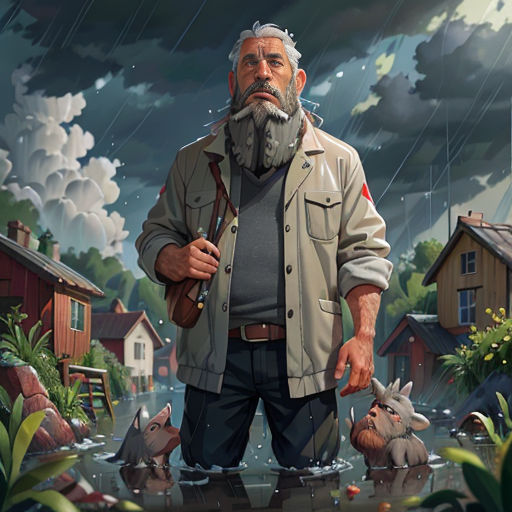 a man standing in a puddle with a dog and a cat in front of him and a house in the background