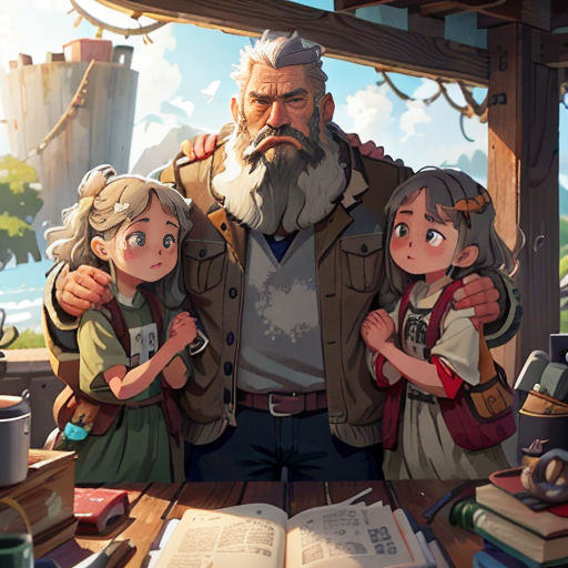 a man and two children standing in front of a table with books and a book bag on it,