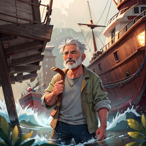 a man standing in front of a boat in the ocean with a paddle in his hand and a boat in the background