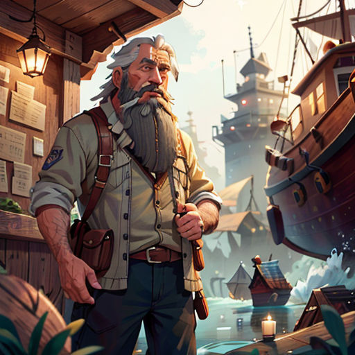 a man with a beard and a beard standing in front of a boat in a harbor with a lot of papers