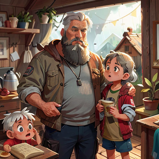 a man and two children in a room with a window and a book on the floor, and a man with a beard and a beard, and a boy with a book in a