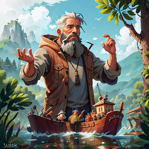 a man with a beard and a beard standing in a boat in the water with a paddle in his hand