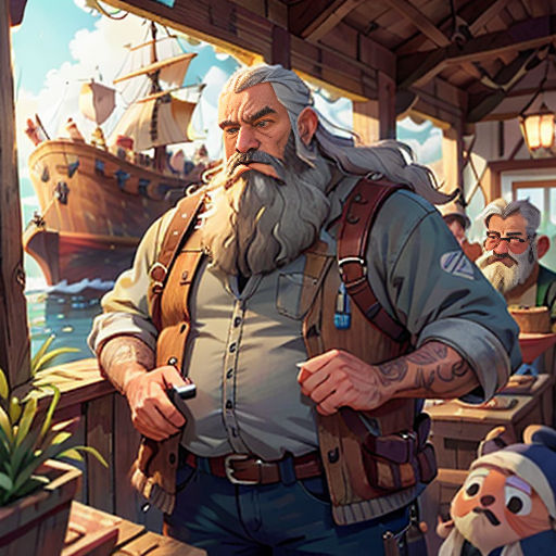a man with a beard and a beard standing in front of a boat with other people around him and a dog