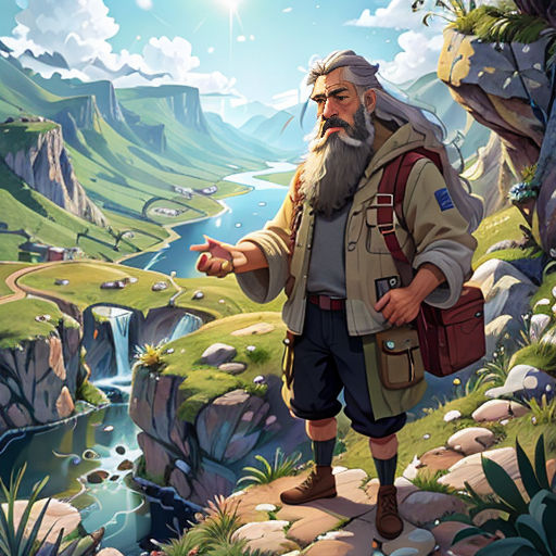 a man with a beard and a backpack standing on a cliff overlooking a river and mountains with a waterfall