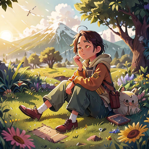 a boy sitting on the ground in a field with flowers and a book in his hand and a mountain in the background