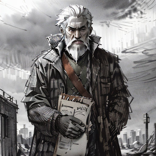 a man with a beard and a beard holding a paper in his hand and a city in the background