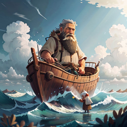a man in a boat with a beard and a beard on it in the ocean with a man standing on the boat