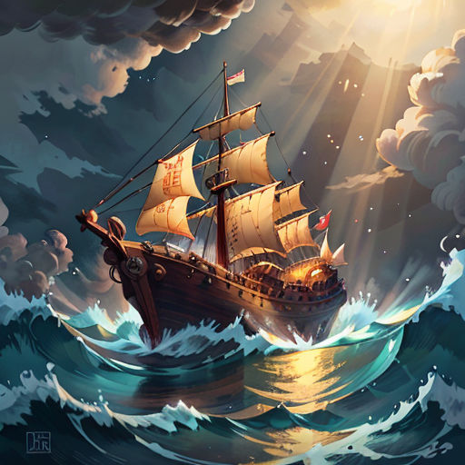 a ship sailing through a stormy ocean with sunbeams above it and clouds above it, with a sunbeam in the sky