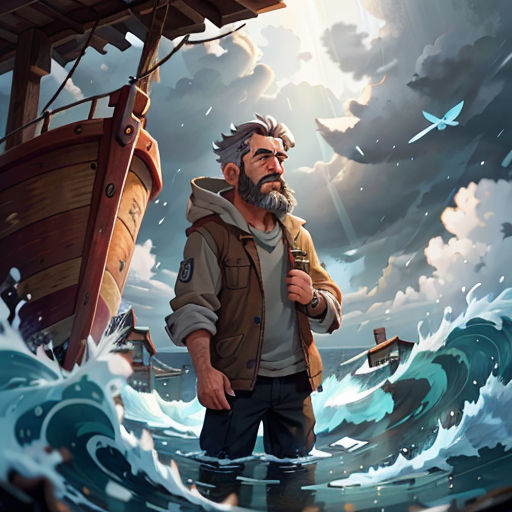 a man standing in the water next to a boat in the ocean with a bird flying above him and a bird flying above him
