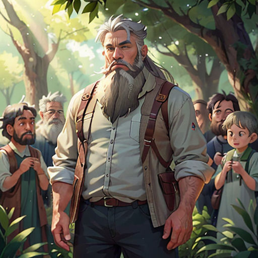 a man with a beard and a beard standing in front of a group of people in a forest with trees