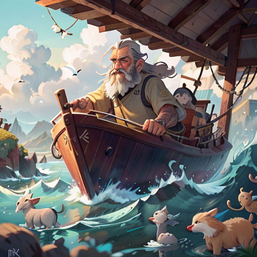 a man in a boat with animals in the water and a sky background with clouds and a ship with a man in the boat