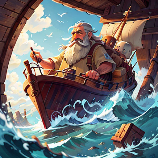 a man in a boat with a beard and a beard on it's head, in a large body of water