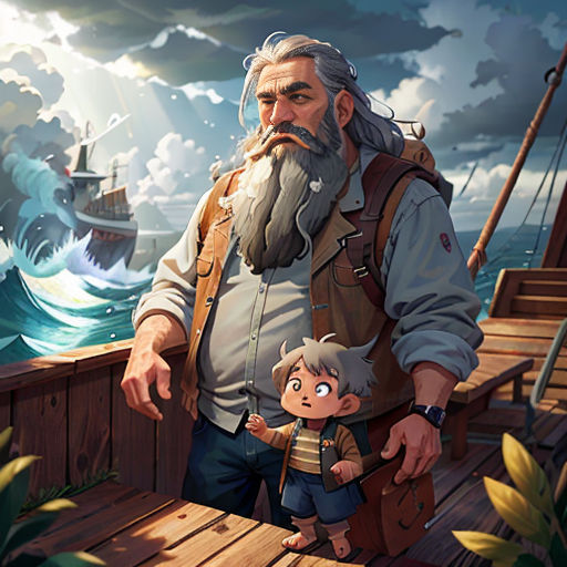 a man and a child standing on a boat in the ocean with a ship in the background and a boat in the water