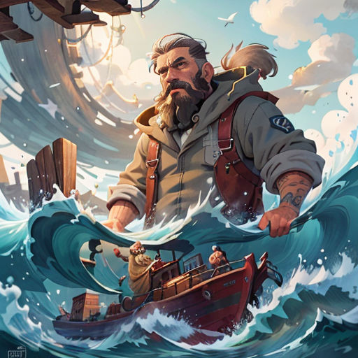a man in a boat in the middle of a large wave with a pirate ship in the background and a ship in the water