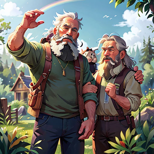 two men standing next to each other in a forest with a rainbow in the background and a house in the background